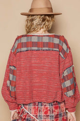 POL Round Neck Long Sleeve Plaid Shirt OutfitFlow